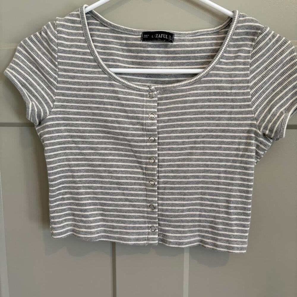Zaful Gray and White Striped Crop Top-Size L